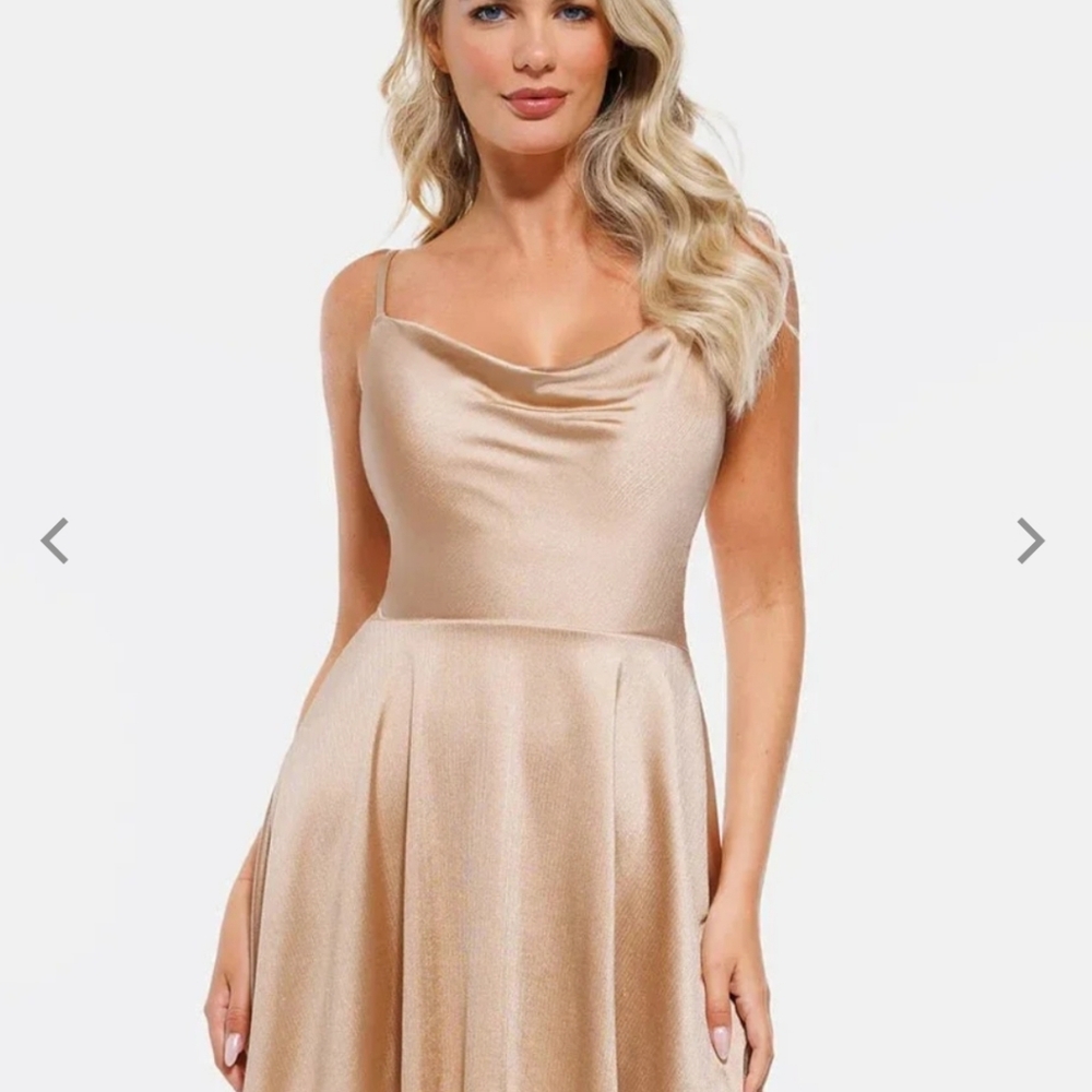 🍉 NWT Popilush Elegant Gold Satin Dress Size Large - Picture 4 of 5